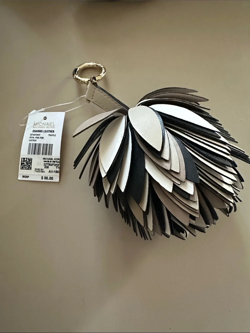 Michael Kors Black and Cream Layered Leaf Pom Keyring